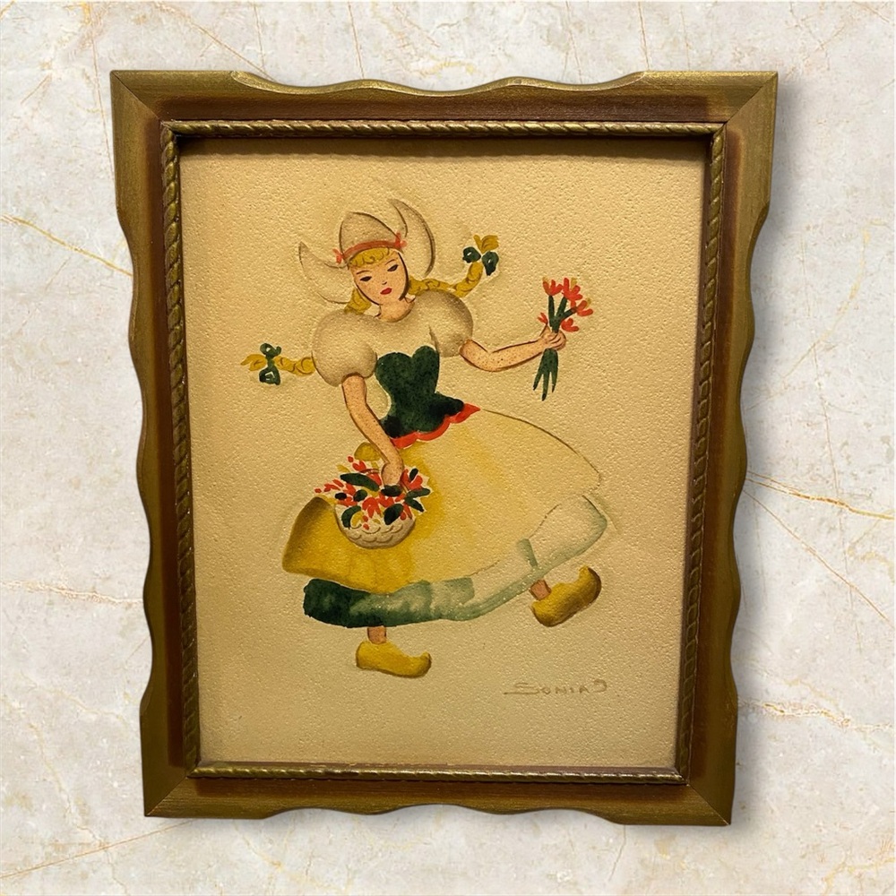Vintage painting Dutch boy and girl original watercolor painting - Picture 3 of 8